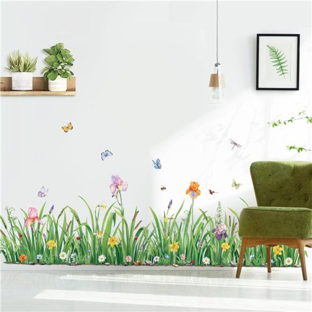 Green Grass Flower Wall Decals Floral Butterfly Baseboard Skirting Stickers